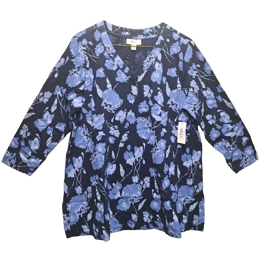 NWT Style & Co Women's 3/4 Sleeve Blouse Tunic Floral Blue Size PL Pull Over NEW